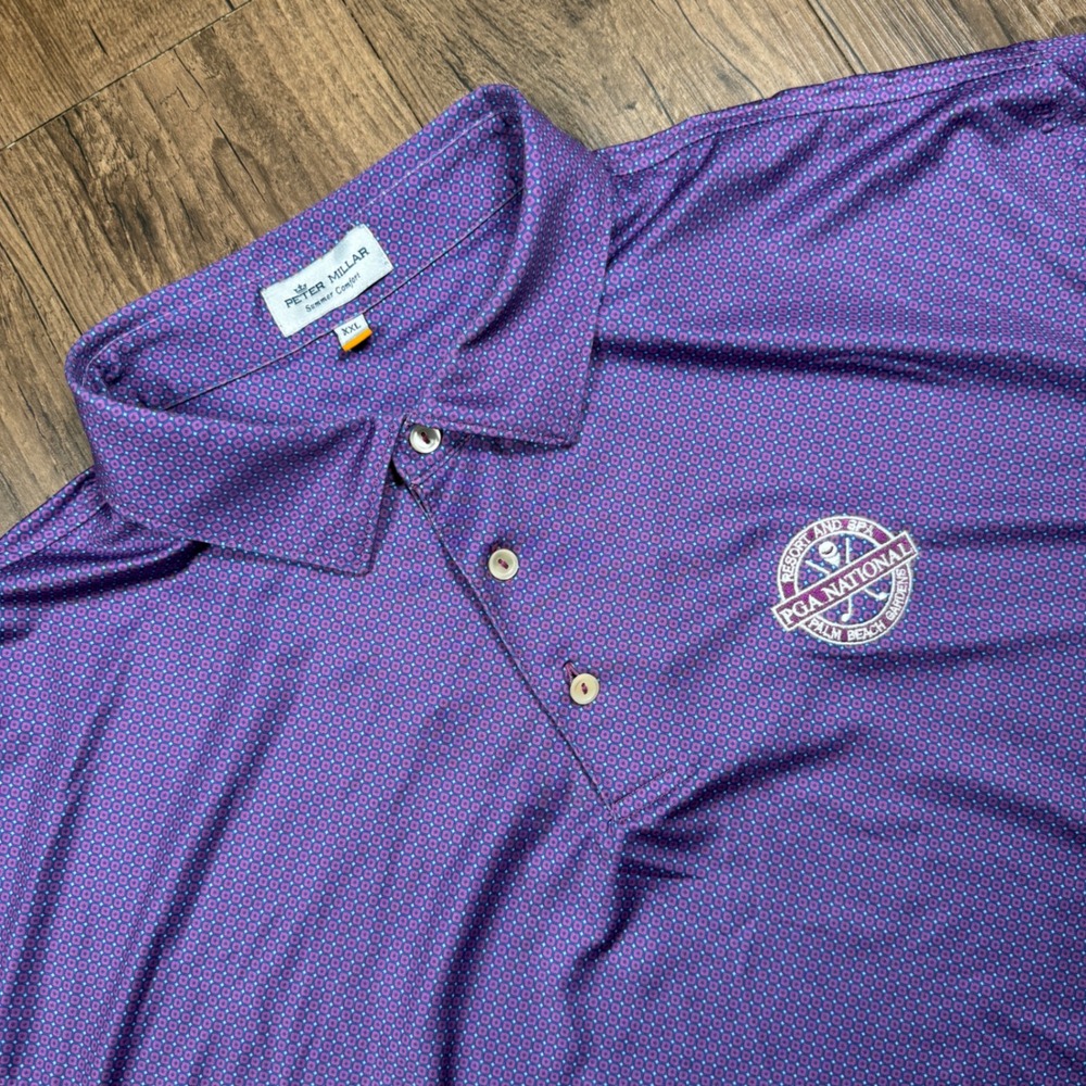 Peter Millar Summer Comfort Polo Shirt Men's 2XL Purple Geometric Square Stretch